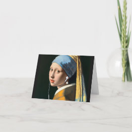 Cartão Vermeer Girl com brinco de pérola e fones de ouvid