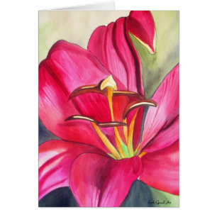 Cartão Vermelho Alerta Lily - pintura em flor de aquarela