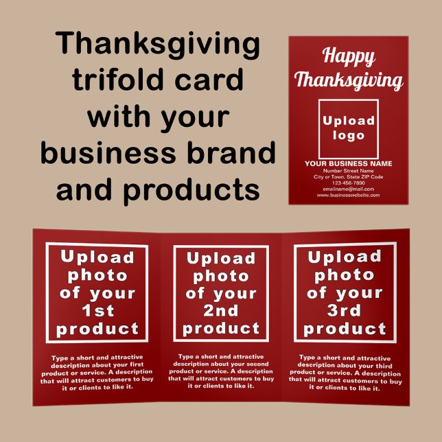 Cartão Vermelho de Ação de Graças de Negócios (Thanksgiving red trifold card with your business brand and products or services.)