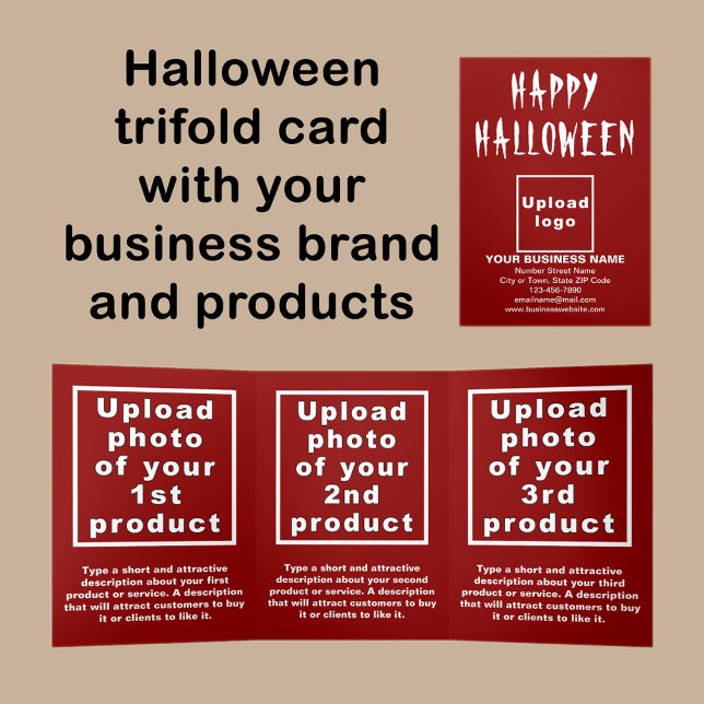 Cartão vermelho de Halloween para empresas (Halloween red trifold card with your business brand and products or services.)