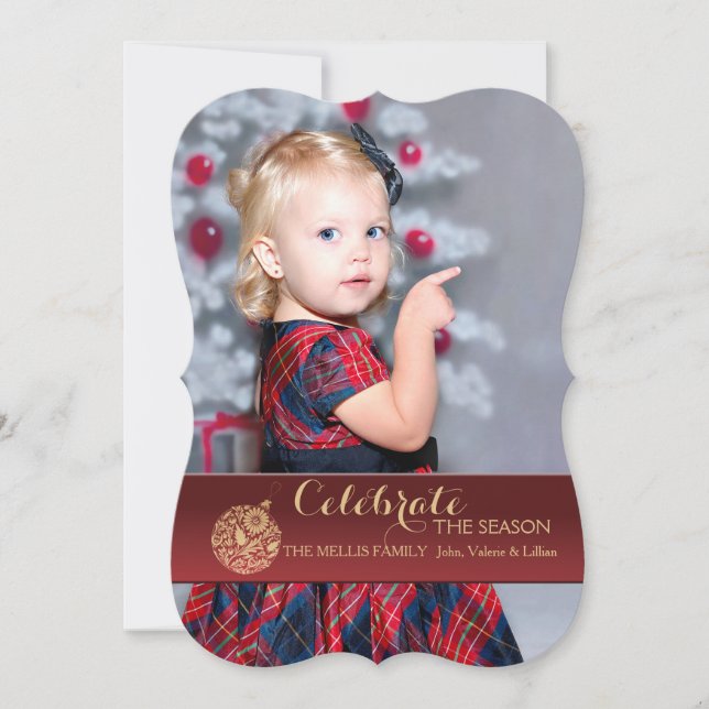 Cartão vermelho do feriado da foto do ornamento do (Frente)