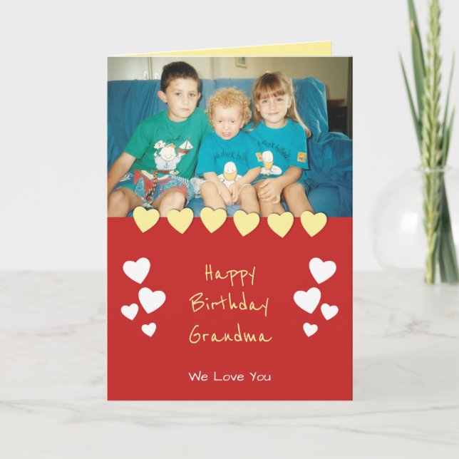 Cartão Vermelho e amarelo com corações e foto (Frente)