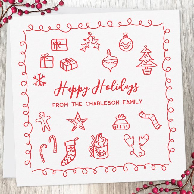 Cartão Vermelho e Branco de Rabiscos de Férias (Fun scribble doodle personalized Christmas holiday card)