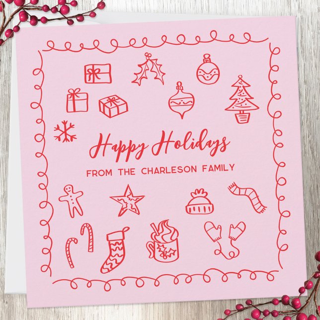 Cartão Vermelho e Rosa de Rabiscos de Férias (Fun scribble doodle personalized Christmas holiday card)