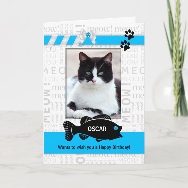 Cartão Vertical da Foto do Pet Azul de Aniversário do Gat (Frente)