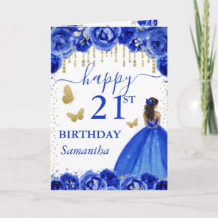 Cartão Vestido Azul Real Pele Morena Princesa Aniversário