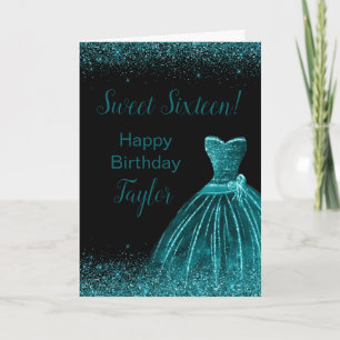 Cartão Vestido Azul Teal Faux Glitter Sweet 16 Aniversári