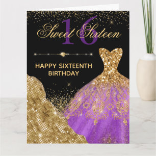 Cartão Vestido de água-forte dourado e roxo Aniversário d