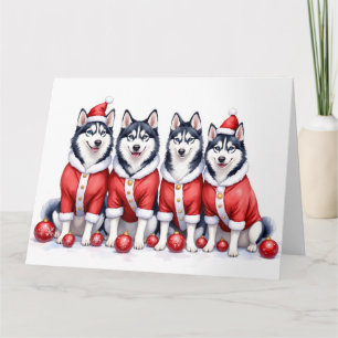 Cartão Vestido de Natal Siberian Husky com Chapéu de Papa