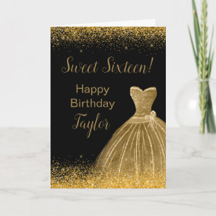Cartão Vestido Dourado Brilho Falso Doce 16 Aniversário