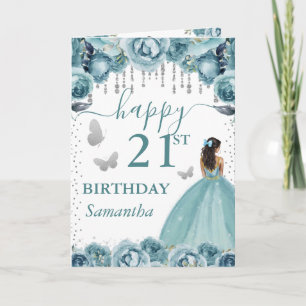 Cartão Vestido Turquesa Pele Morena Princesa Aniversário