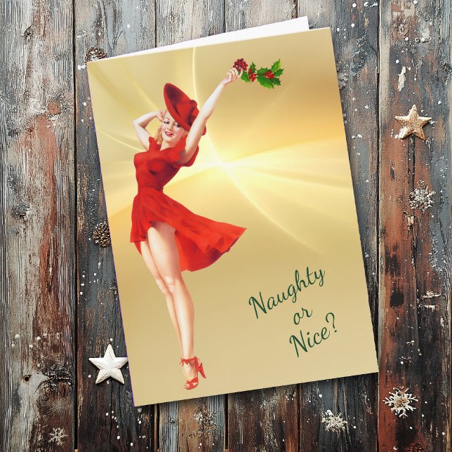 Cartão Vestido Vermelho e Holly Retro Pinup Girl no Natal (Criador carregado)