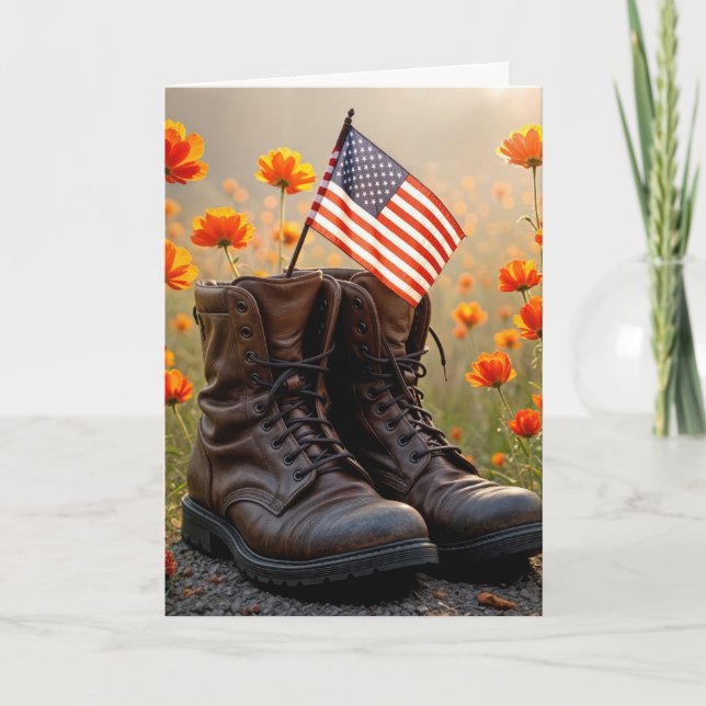 Cartão Veterans Day Military Combat Boots and Flag (Frente)