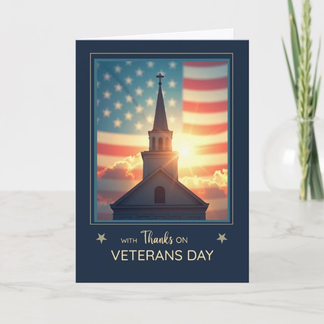 Cartão Veterans Day Religious Thanks Church Steeple Flag (Frente)