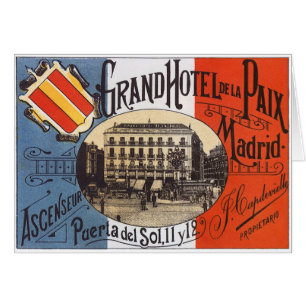Cartão Viagem Antiga, Grande Hotel Paix, Madrid, Espanha