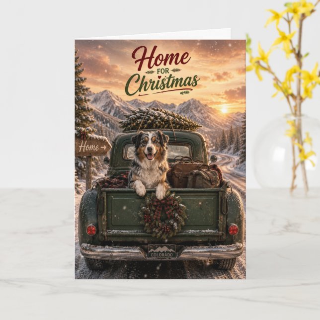 Cartão Viagem de Natal com Australian Shepherd (Flor Amarela)