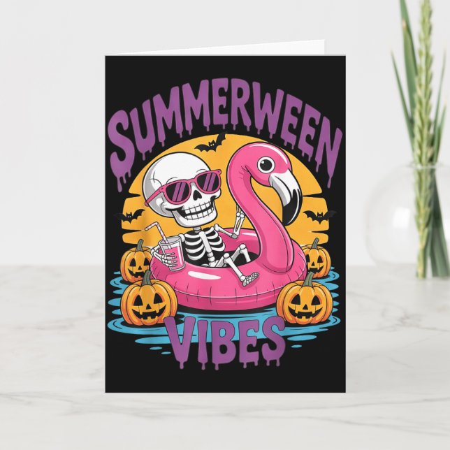 Cartão Vibrações de Summerween Esqueleto Flamingo Assusta (Frente)