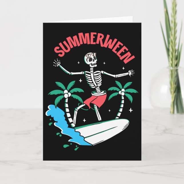 Cartão Vibrações de Summerween Esqueleto Surfando Ondas V (Frente)