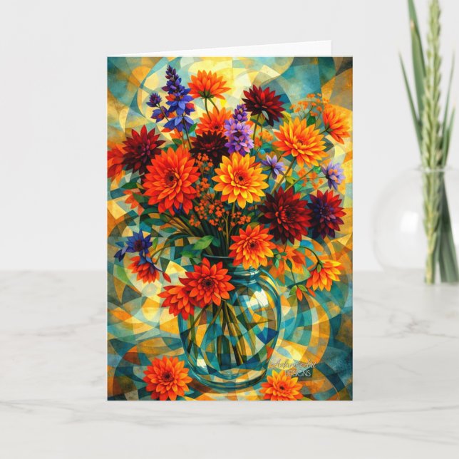 Cartão Vibrant Geometric Dahlia Bouquet (Frente)