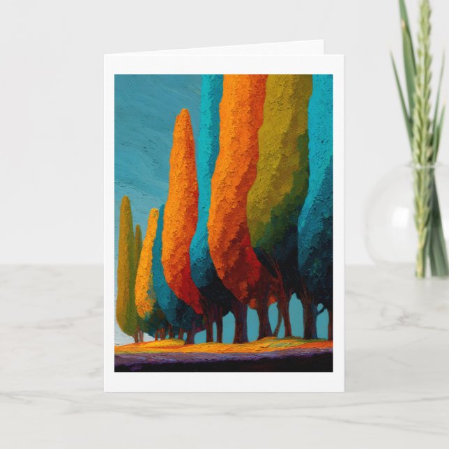 Cartão Vibrant Sentinel Trees, Abstract Greeting Card (Frente)