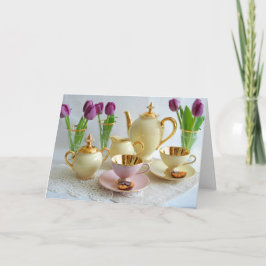 Cartão Vibrant Vintage Tea/Coffee Tulips Greetings Card