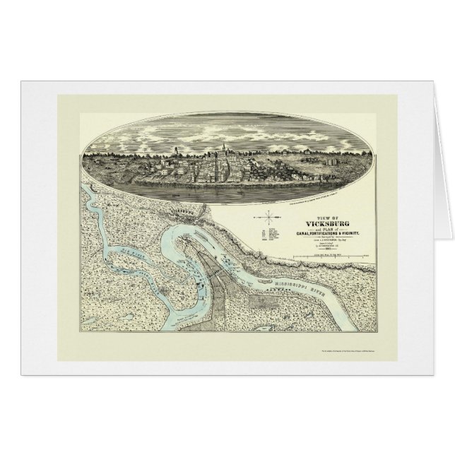 Cartão Vicksburg, mapa panorâmico do MS - 1863 (Frente Horizontal)