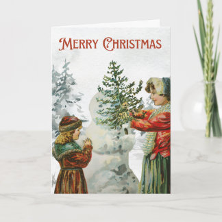 Cartão Victorian Girls Building a Snowman 