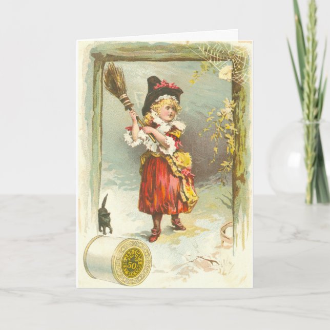 Cartão Victorian Halloween card with girl witch and cat (Frente)