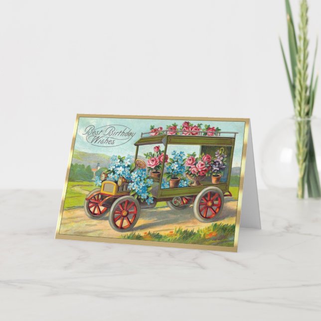 Cartão Victorian Pink Roses Forget-Me-Nots Car Birthday (Frente)