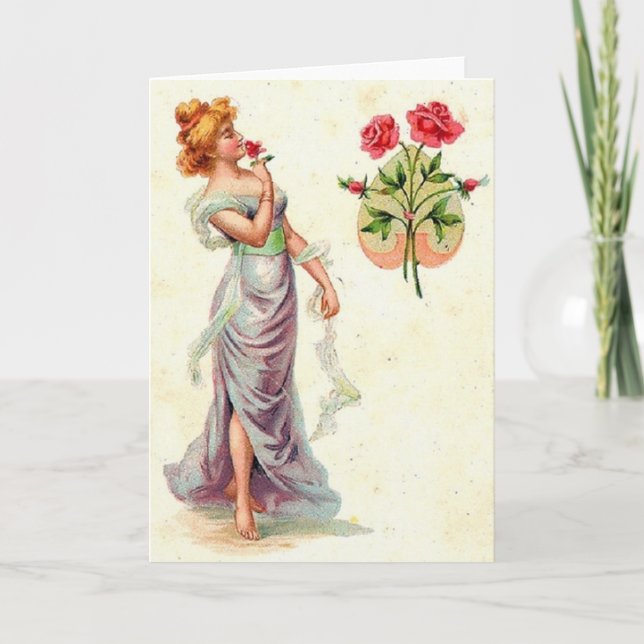 Cartão Victorian Woman And Red Roses Note Card (Frente)