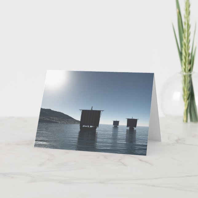 Cartão Viking Longships se Aproximando em uma Noite Luz (Frente)