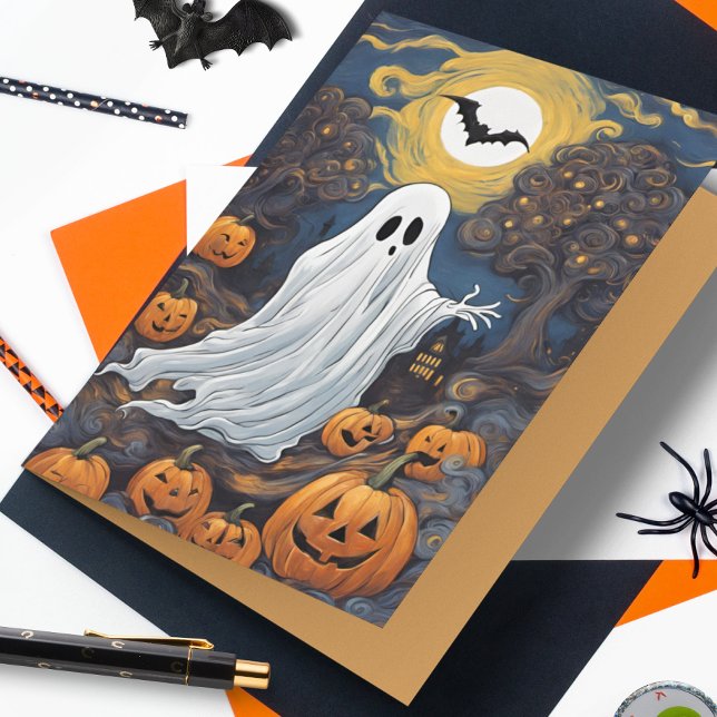 Cartão Vincent van Ghost Halloween (A parody of Vincent van Gogh's Starry Night, this funny card brings wishes for a Spooky Night.)