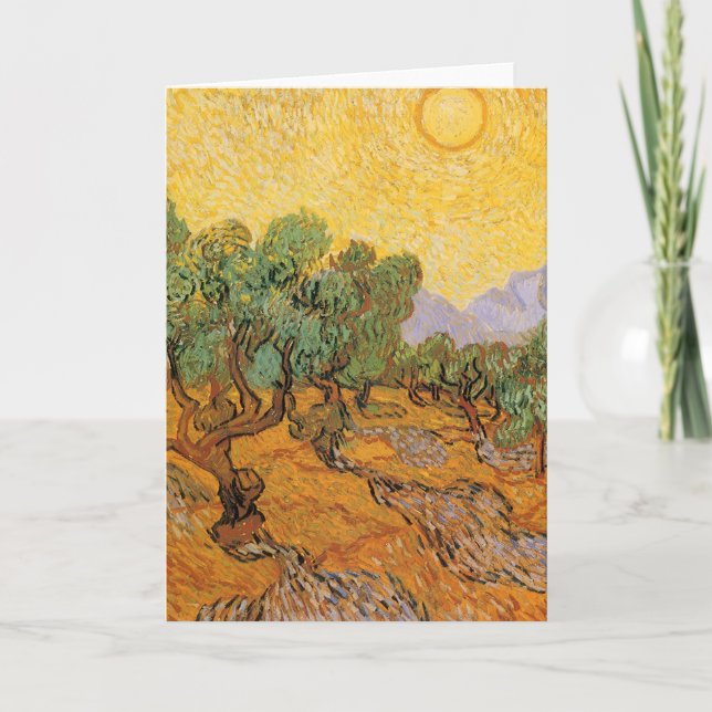 Cartão Vincent van Gogh - Oliveiras, céu amarelo e sol (Frente)