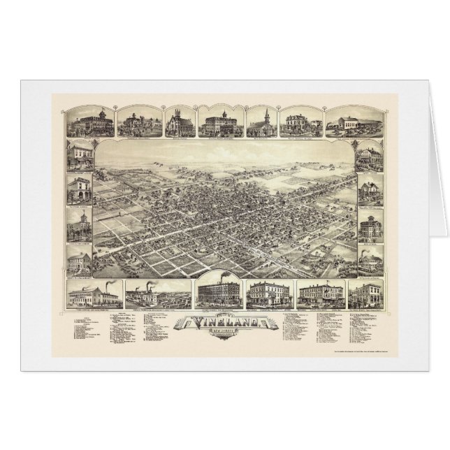 Cartão Vineland, mapa panorâmico de NJ - 1885 (Frente Horizontal)