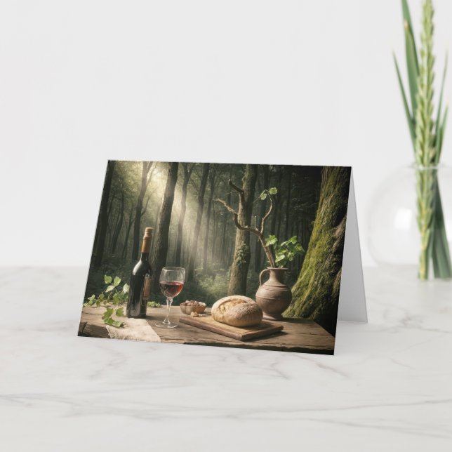 Cartão Vinho e pão de aniversário em Mesa de floresta (Frente)