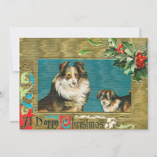 Cartão Vintage 1908 Cães Collie Dourados Feliz Natal (Frente)