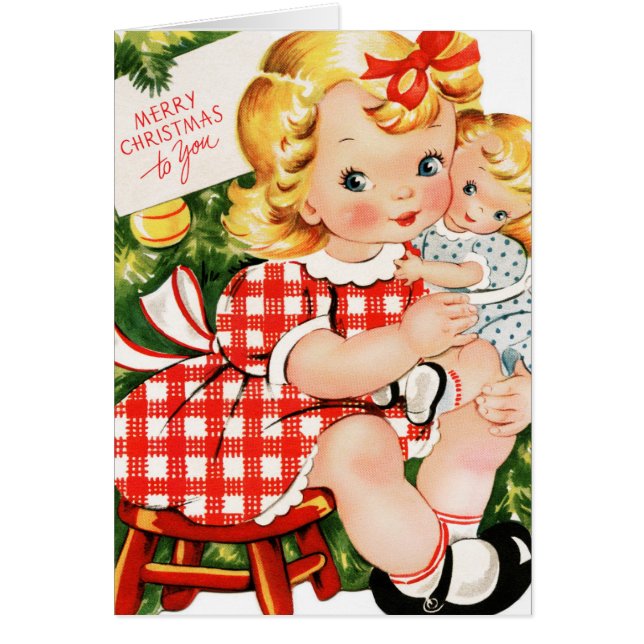 Cartão Vintage 1950 garota com boneca (Frente)