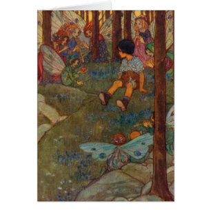 Cartão Vintage - a criança encontra fadas da floresta,