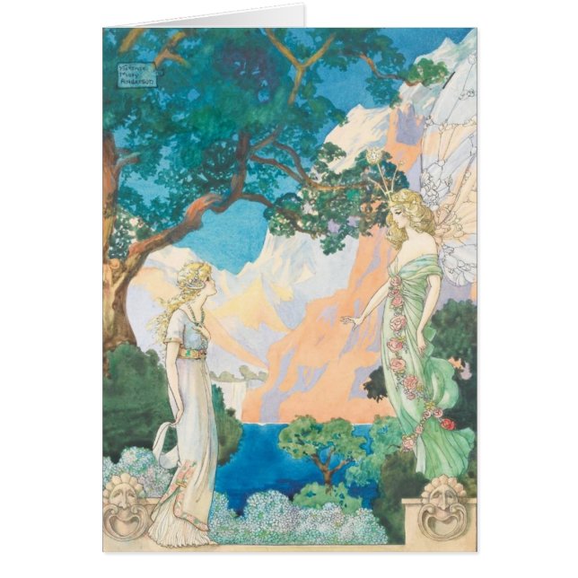 Cartão Vintage - a menina encontra o anjo em um jardim, (Frente)
