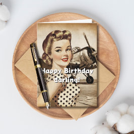Cartão Vintage Airplane Pinup Girl Retro Birthday