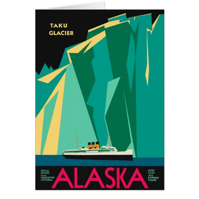 Cartão Vintage Alaska Poster de viagens Art, Taku Glacier (Frente)