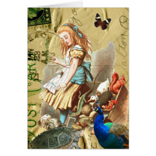 Cartão Vintage Alice na colagem do país das maravilhas
