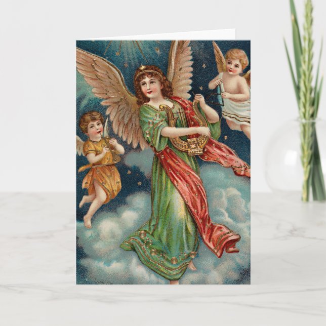 Cartão Vintage Angel With Harp and Two Cherubs (Frente)