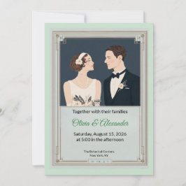 Cartão Vintage Art Deco Couple Wedding Invitation