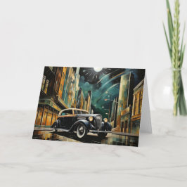 Cartão Vintage Art Deco-Inspirado Carro Sob Lua