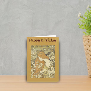Cartão Vintage Art Deco Lady Golden Hair Flowers