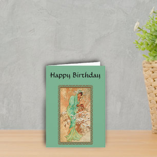 Cartão Vintage Art Deco Lady Green Golden Tree Birthday