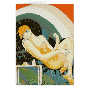 Cartão Vintage Art Deco Mulher reformulando no sofá, Chom