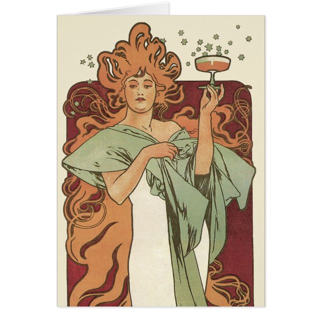 Cartão Vintage Art Nouveau, Champagne de Alphonse Mucha (Frente)