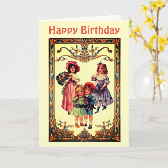 Cartão Vintage Art Victorian Children Birday Card (Flor Amarela)